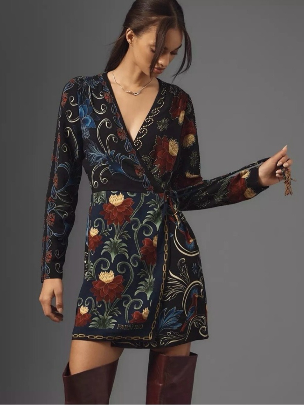 Farm Rio x Anthropologie Mixed Arabesque Scarves Wrap Mini Dress